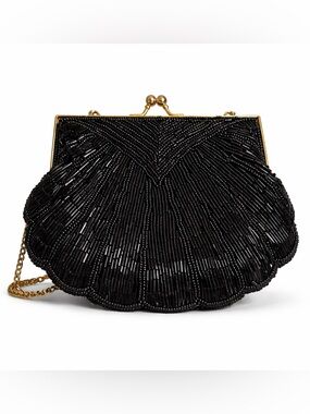 La Regale Black Beaded Art Deco Clutch Kiss Lock Chain Evening Bag Purse